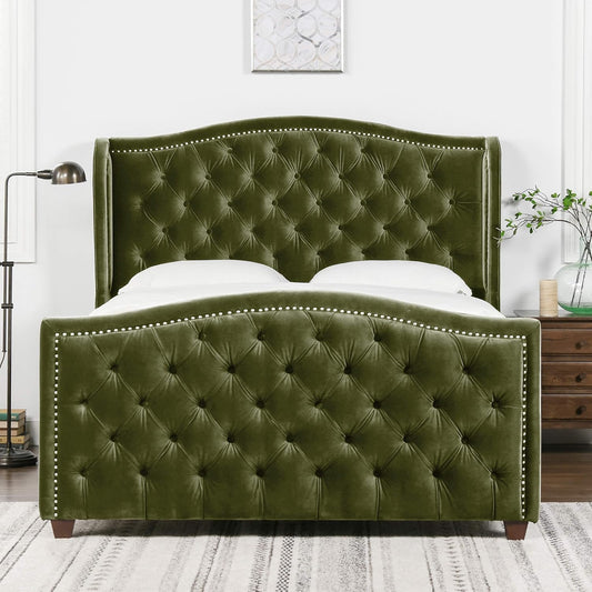 Jennifer Taylor Home Marcella Upholstered Shelter Headboard Bed Set, Queen, Olive Green Performance Velvet