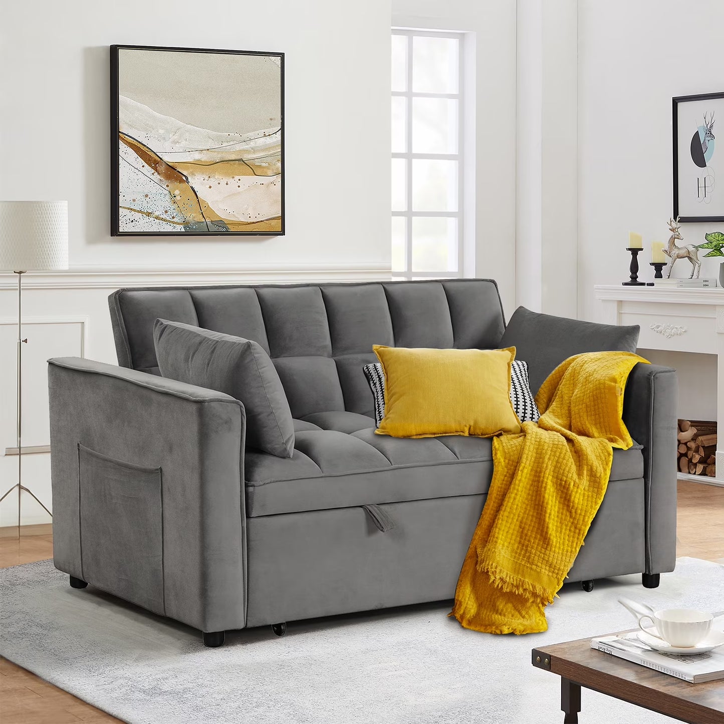 Convertible Sofa Bed Versatile Velvet Sofa Pullout Bed,55 Inch Couch Adjustable Backrest,Gray