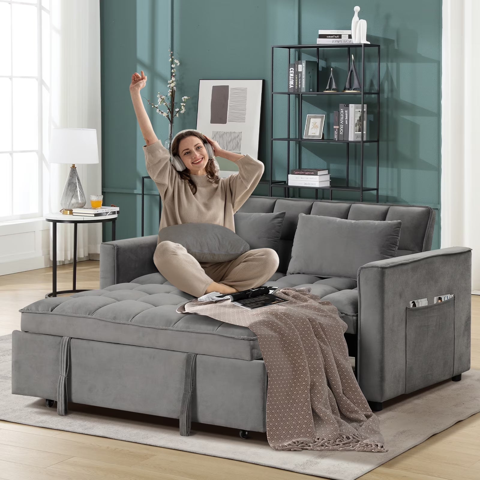 Convertible Sofa Bed Versatile Velvet Sofa Pullout Bed,55 Inch Couch Adjustable Backrest,Gray