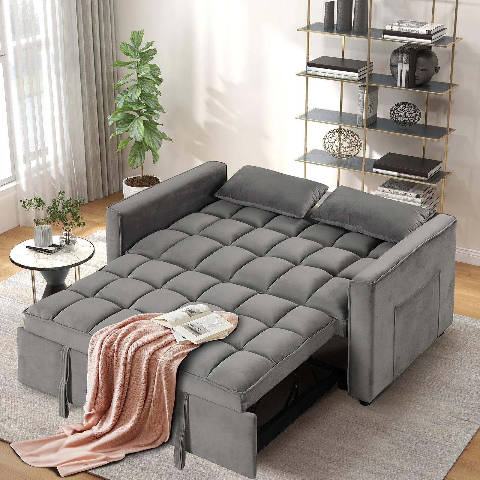 Convertible Sofa Bed Versatile Velvet Sofa Pullout Bed,55 Inch Couch Adjustable Backrest,Gray