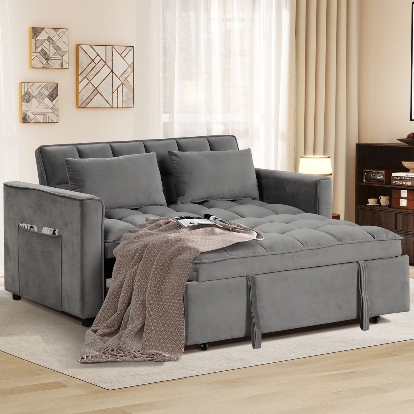 Convertible Sofa Bed Versatile Velvet Sofa Pullout Bed,55 Inch Couch Adjustable Backrest,Gray