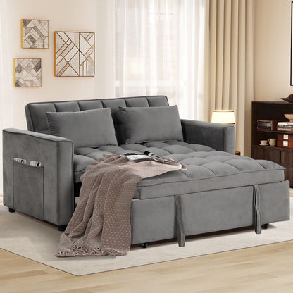 Convertible Sofa Bed Versatile Velvet Sofa Pullout Bed,55 Inch Couch Adjustable Backrest,Gray