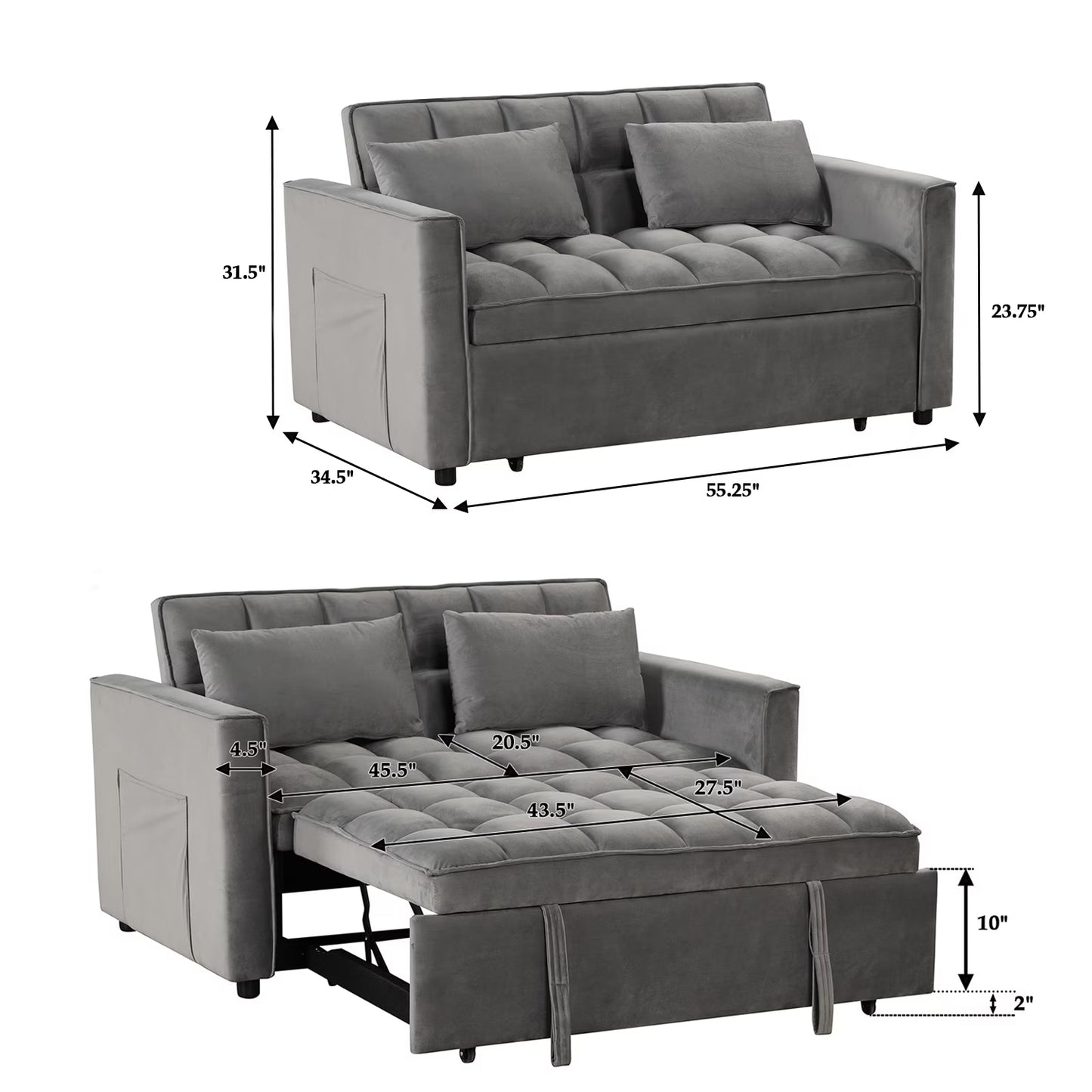 Convertible Sofa Bed Versatile Velvet Sofa Pullout Bed,55 Inch Couch Adjustable Backrest,Gray