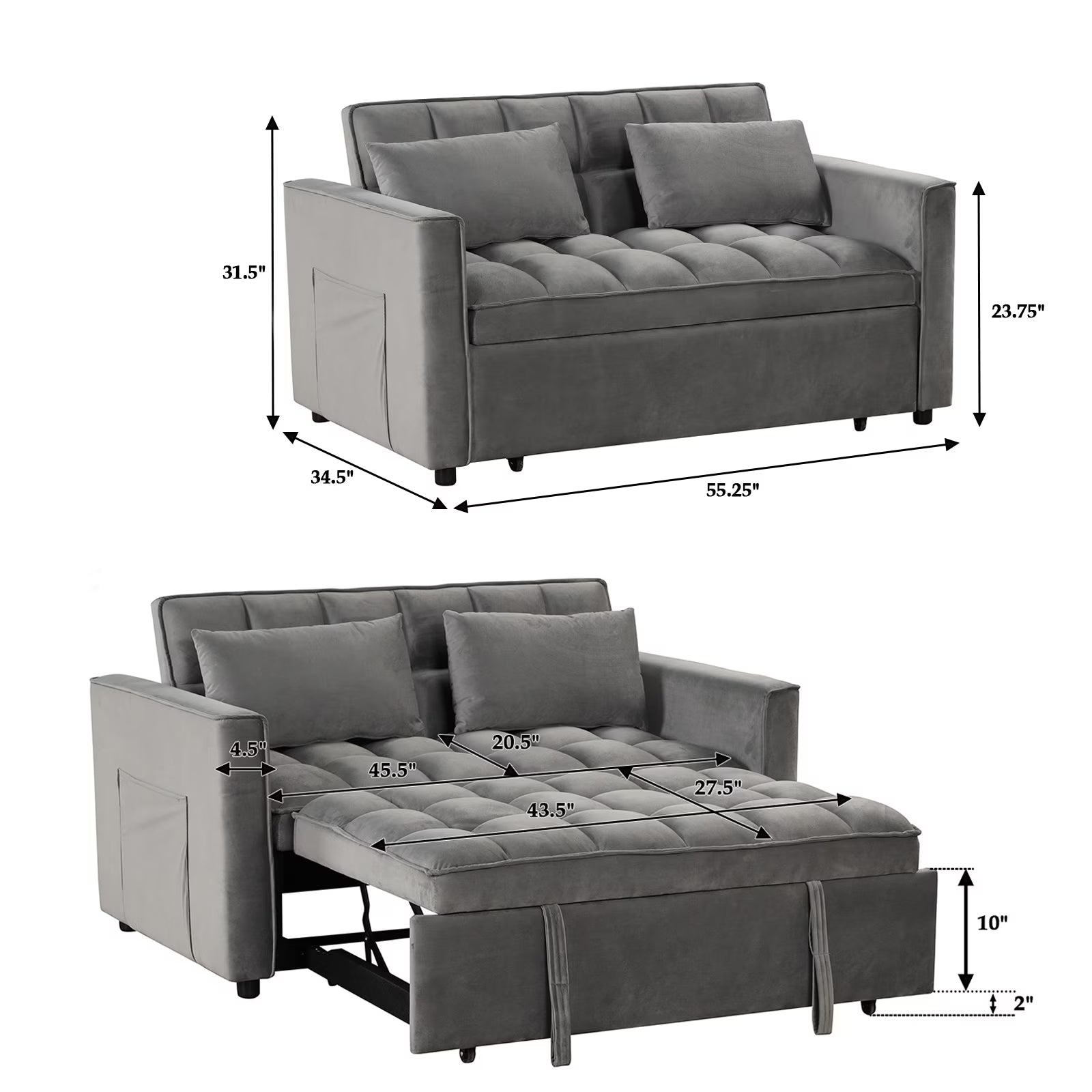 Convertible Sofa Bed Versatile Velvet Sofa Pullout Bed,55 Inch Couch Adjustable Backrest,Gray