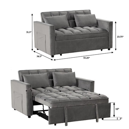 Convertible Sofa Bed Versatile Velvet Sofa Pullout Bed,55 Inch Couch Adjustable Backrest,Gray