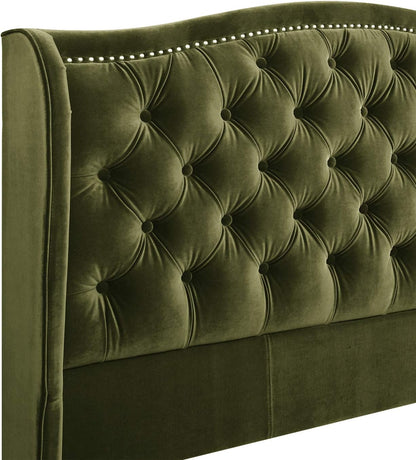Jennifer Taylor Home Marcella Upholstered Shelter Headboard Bed Set, Queen, Olive Green Performance Velvet