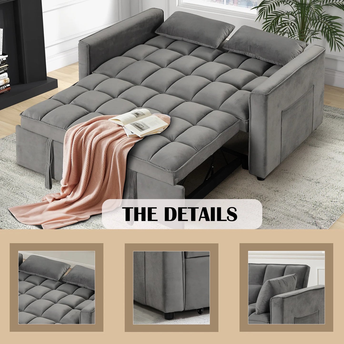 Convertible Sofa Bed Versatile Velvet Sofa Pullout Bed,55 Inch Couch Adjustable Backrest,Gray