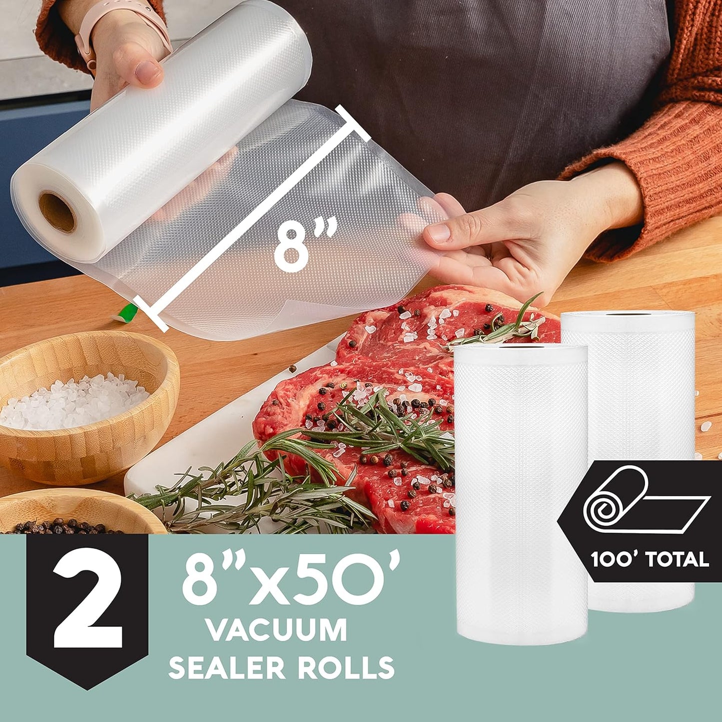 Vacuum Seal Rolls, Vac Seal Bags for Food Storage, Meal Saver Freezer Vacuum Sealer Bags, Sous Vide Bags Vacuum Sealer, Non-Bpa Vacuum Sealer Bags, 8 Inches by 50 Feet, Pack of 2